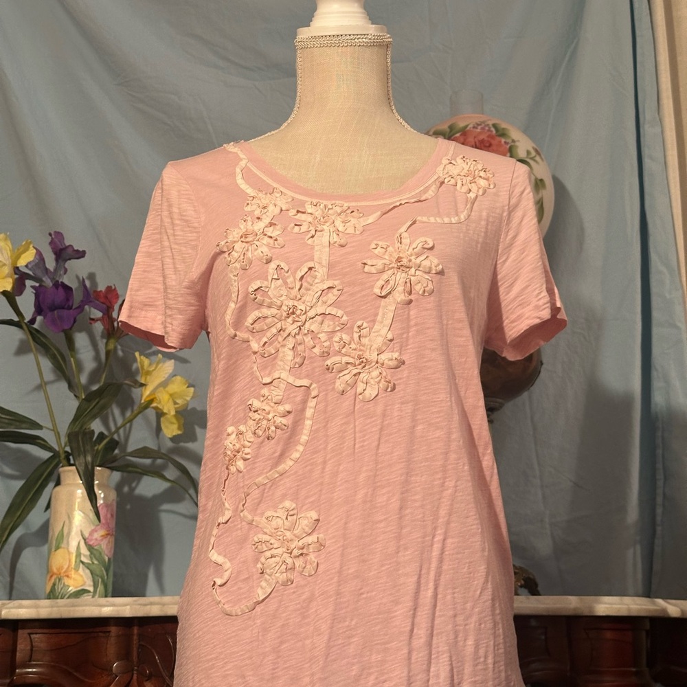 J. Crew Light Pink Floral Appliqué Tee